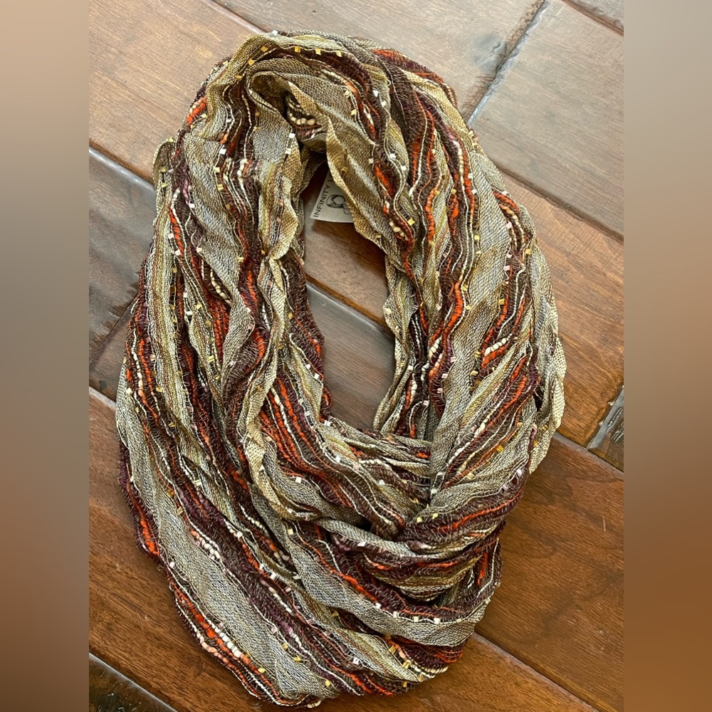 Neutral Taupe Infinity Scarf with Rust and Gold Accents - Picture 7 of 8